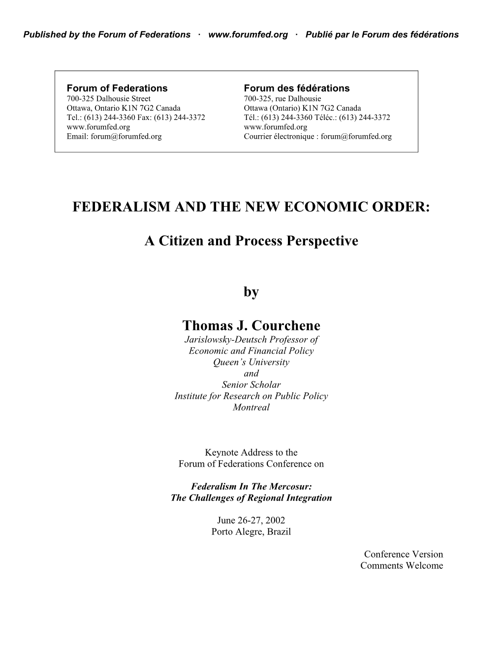 Federalism and the New Economic Order