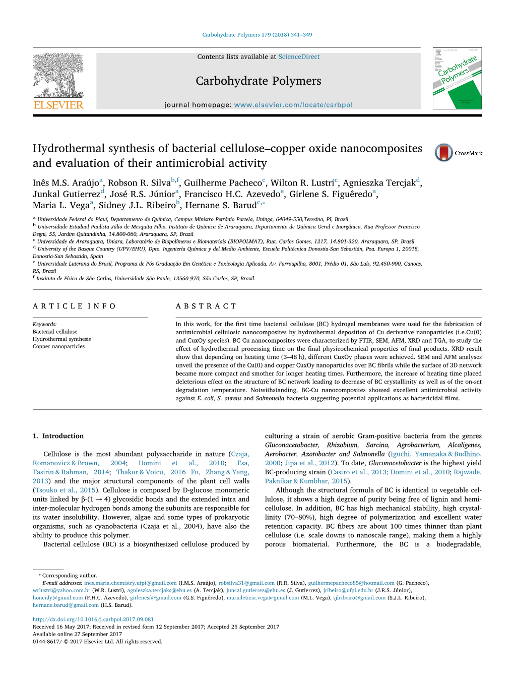 Hydrothermal Synthesis of Bacterial Cellulose–Copper Oxide Nanocomposites MARK and Evaluation of Their Antimicrobial Activity