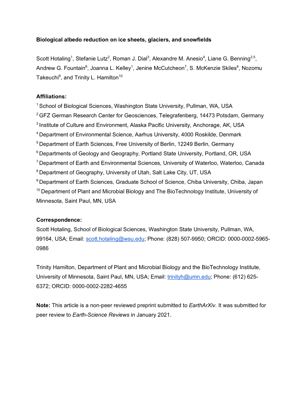 Biological Albedo Reduction on Ice Sheets, Glaciers, and Snowfields