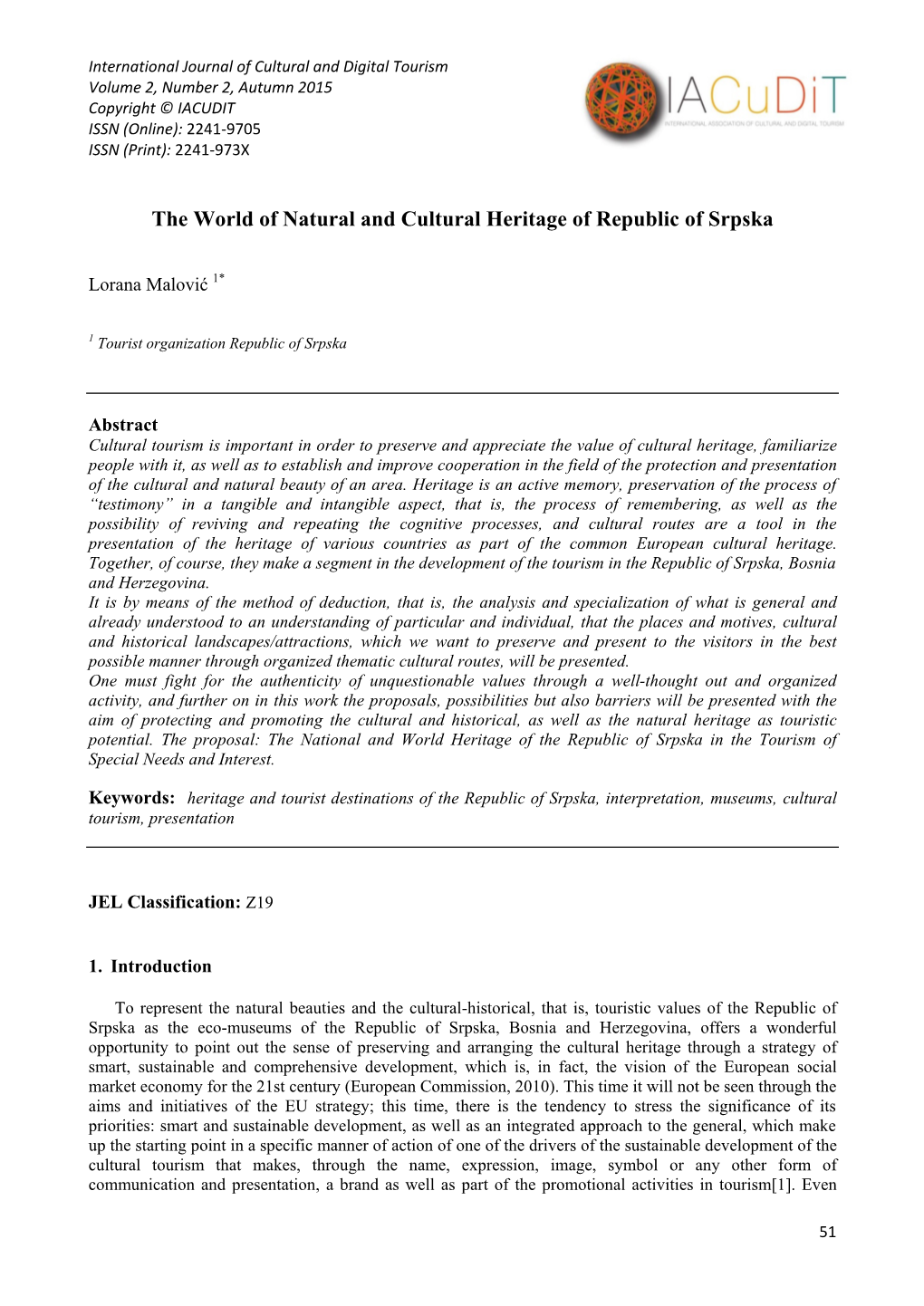 The World of Natural and Cultural Heritage of Republic of Srpska