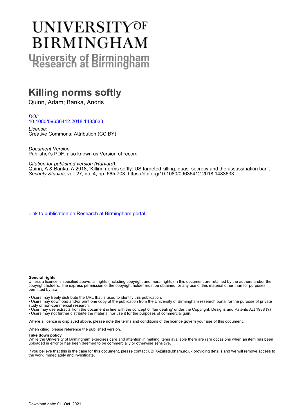 US Targeted Killing, Quasi-Secrecy and the Assassination Ban', Security Studies, Vol