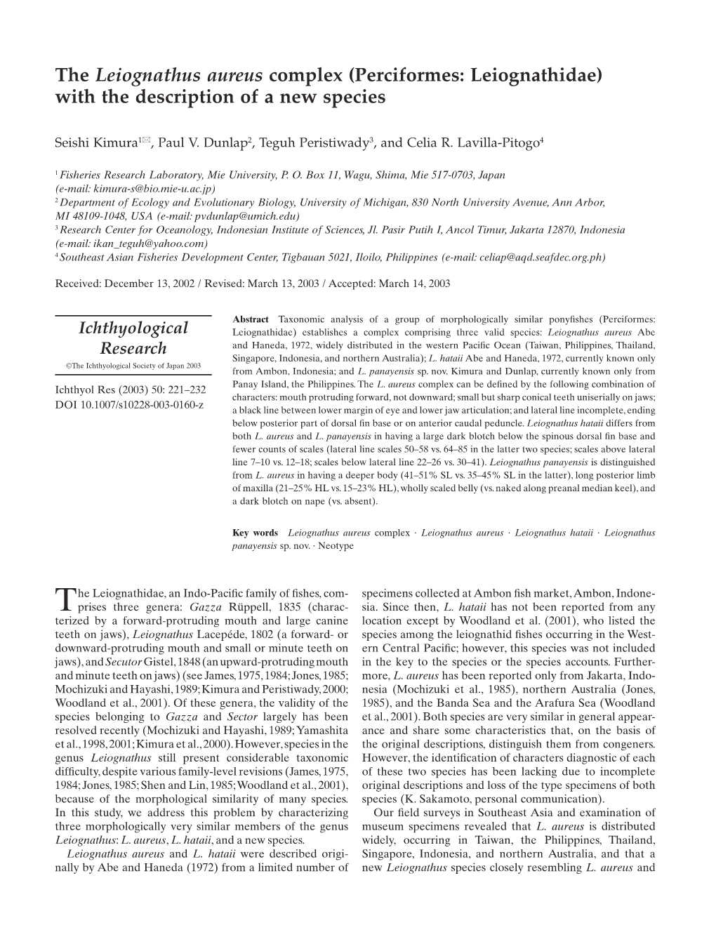 The Leiognathus Aureus Complex (Perciformes: Leiognathidae) with the Description of a New Species