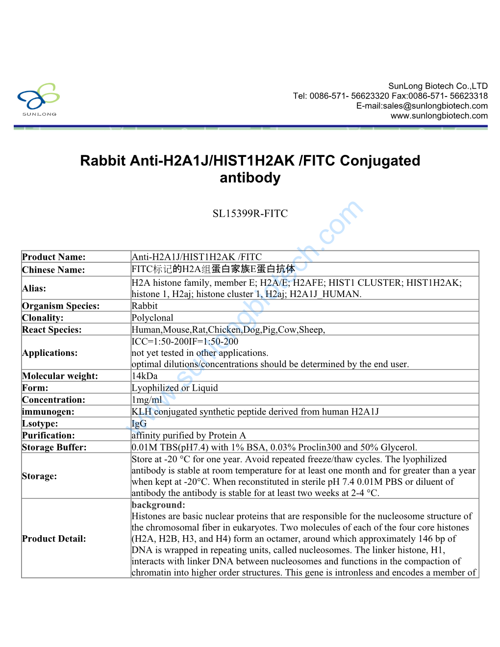 Rabbit Anti-H2A1J/HIST1H2AK /FITC Conjugated Antibody