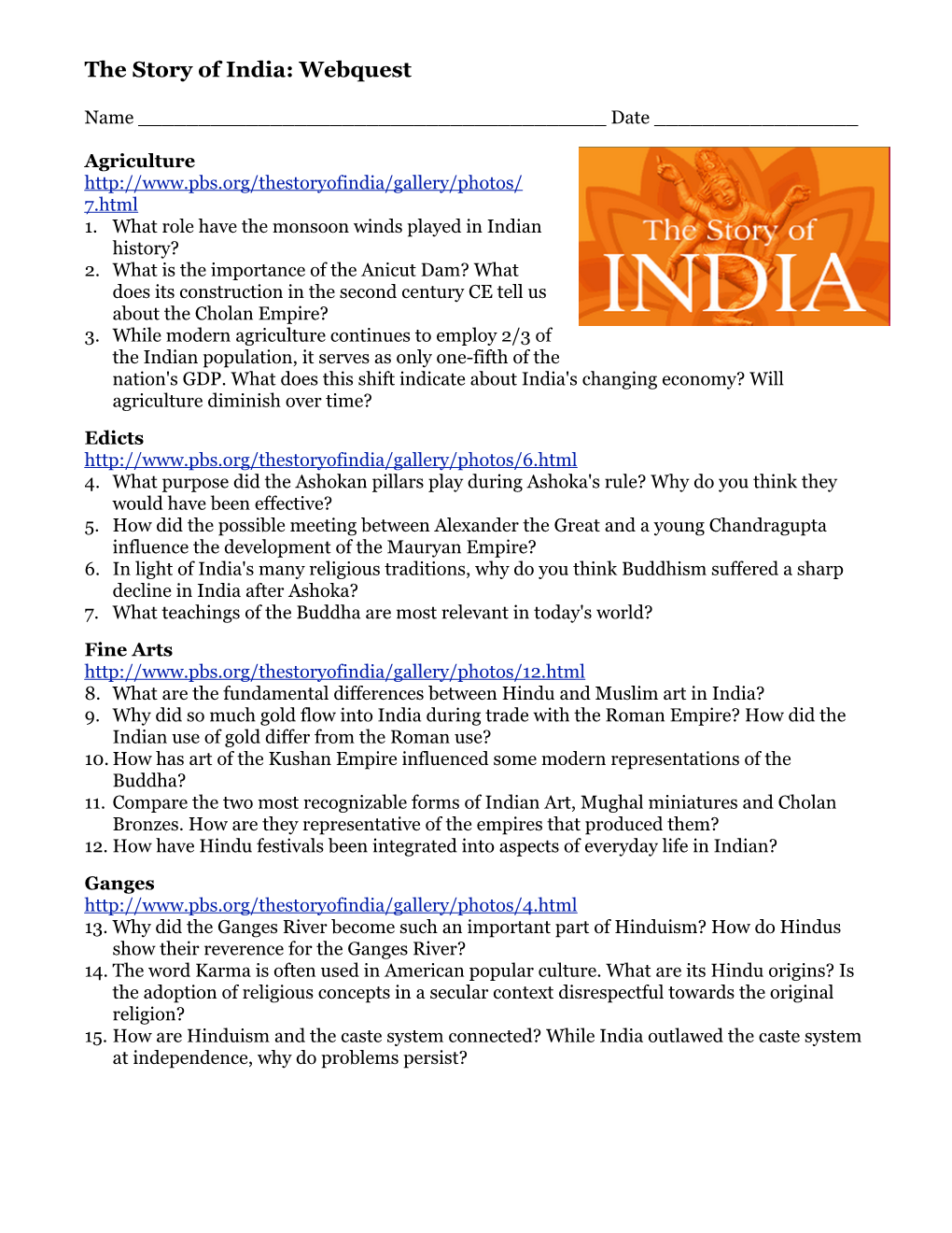 The Story of India Webquest