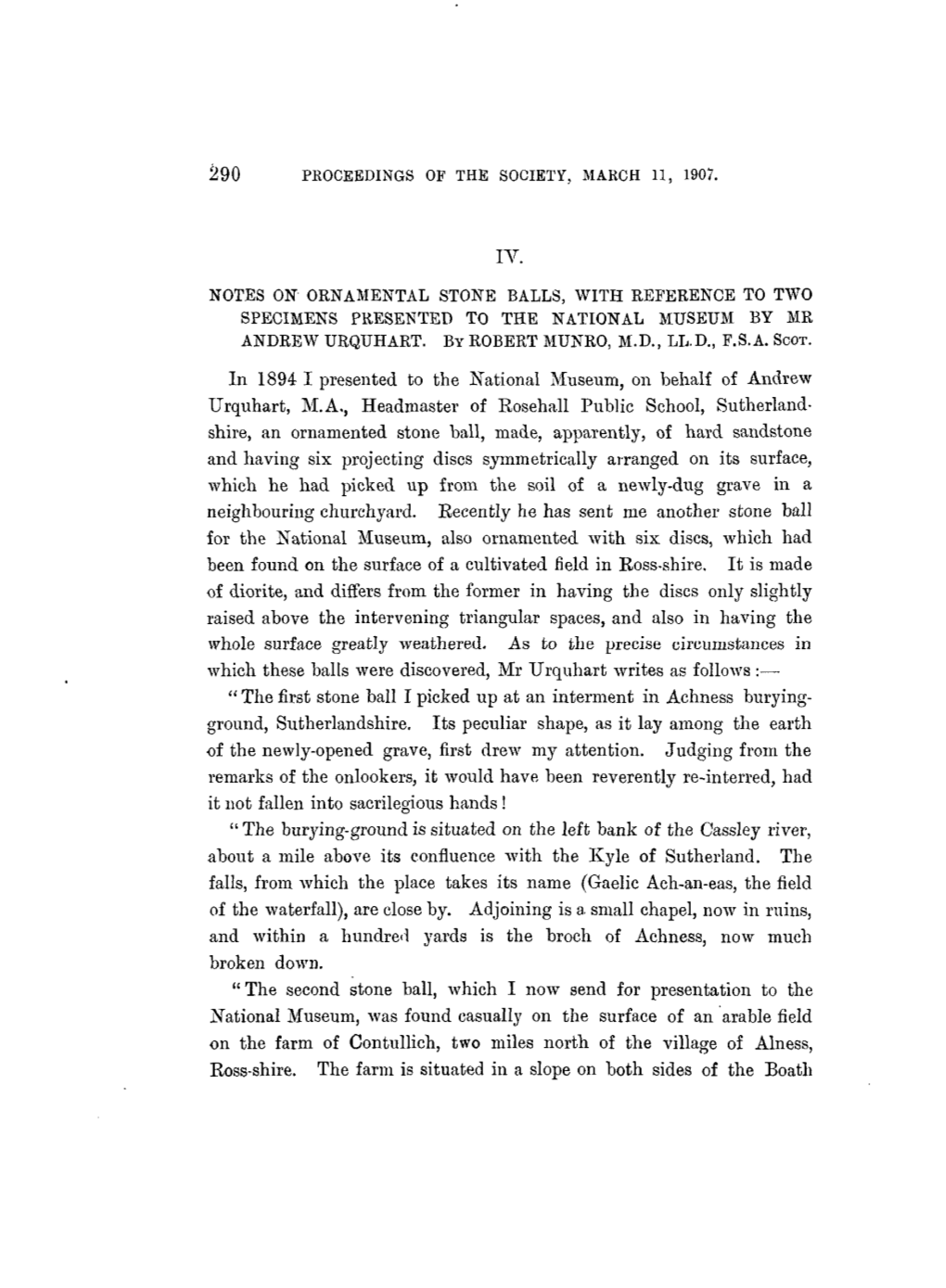 Notes on Ornamental Stone Balls, with Reference to Two Specimens Presented to the National Museum by Mr Andrew Uequhart. by Robe