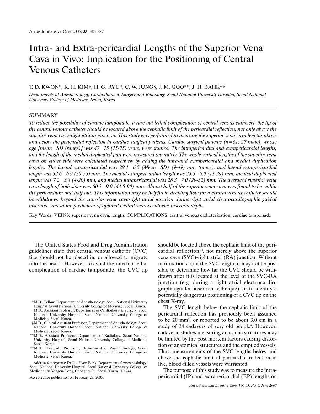 Intra- and Extra-Pericardial Lengths of the Superior Vena Cava in Vivo: Implication for the Positioning of Central Venous Catheters