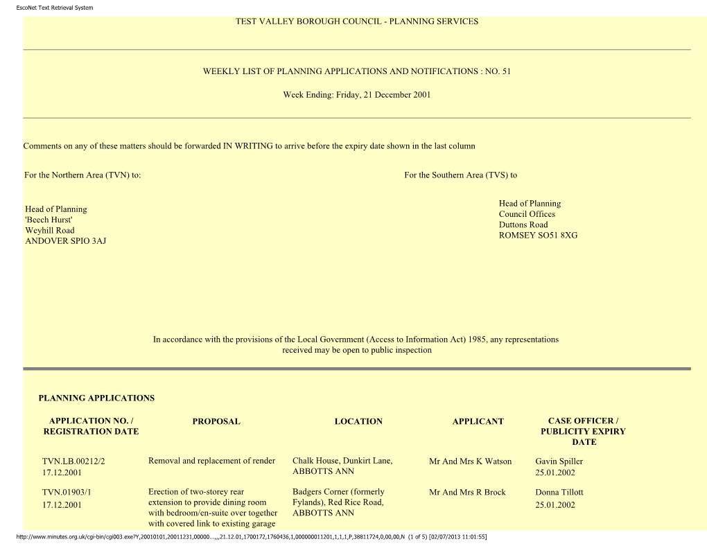 Esconet Text Retrieval System TEST VALLEY BOROUGH COUNCIL - PLANNING SERVICES