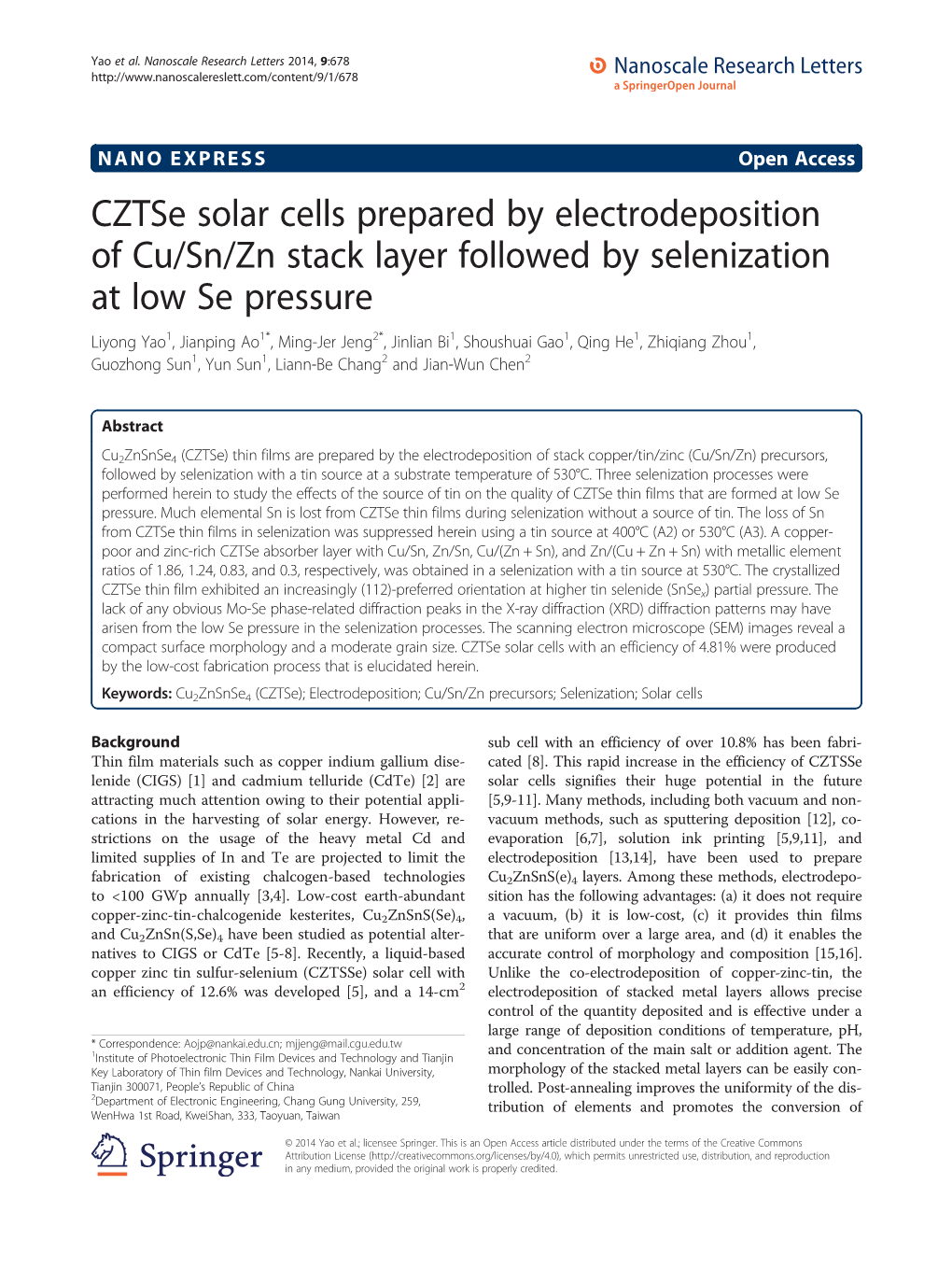 Cztse Solar Cells Prepared by Electrodeposition of Cu/Sn/Zn Stack Layer Followed by Selenization at Low Se Pressure
