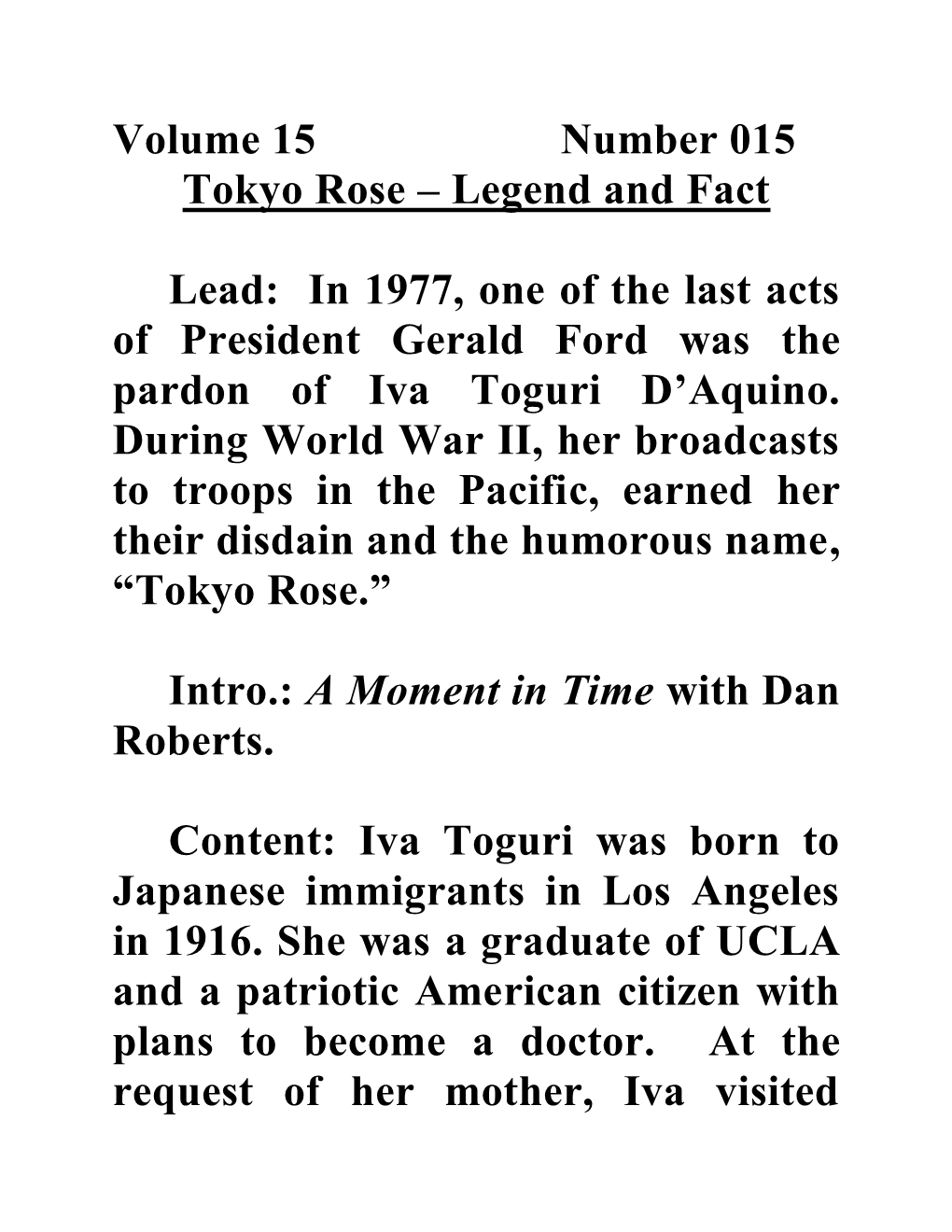 Volume 15 Number 015 Tokyo Rose – Legend and Fact