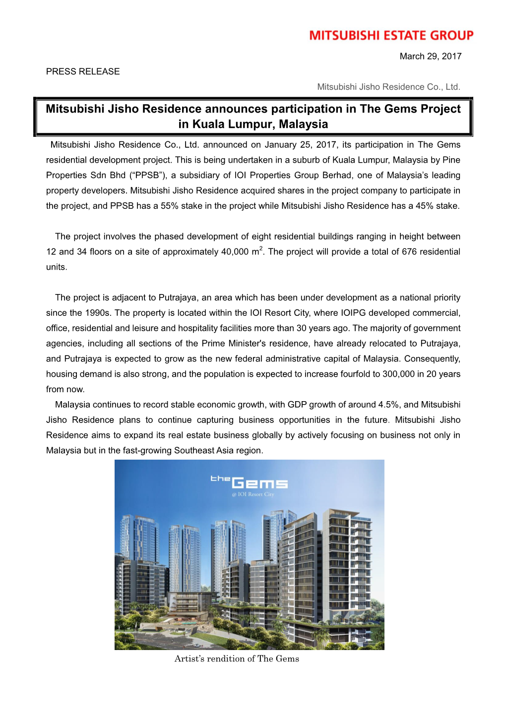 Mitsubishi Jisho Residence Announces Participation in the Gems Project in Kuala Lumpur, Malaysia