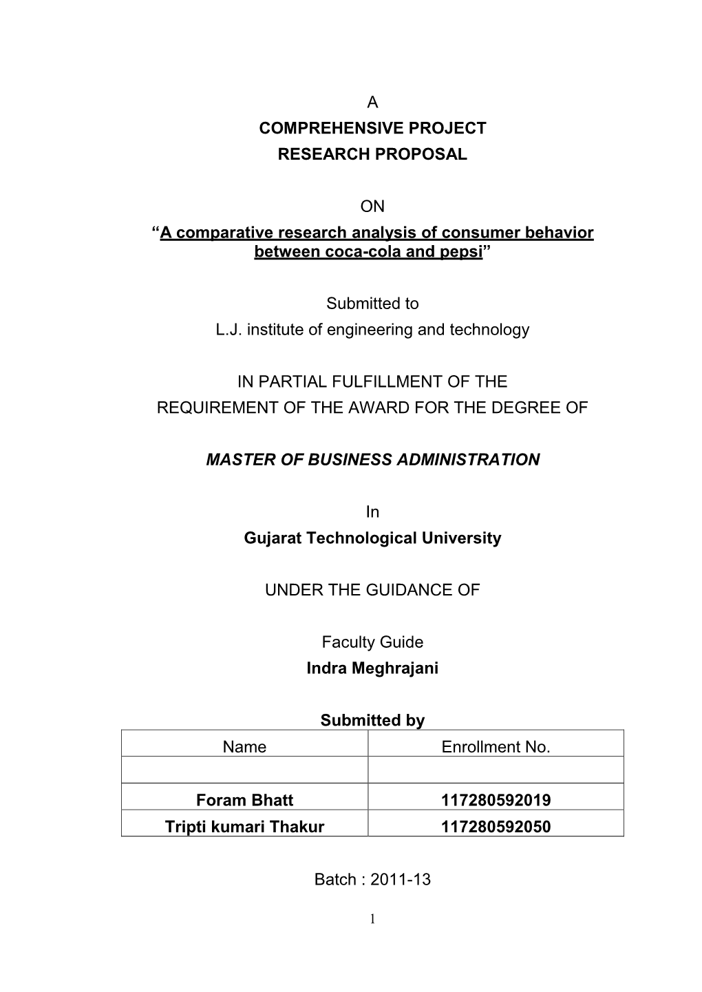 A Comparative Research Analysis of Consumer Behavior Between Coca-Cola and Pepsi”