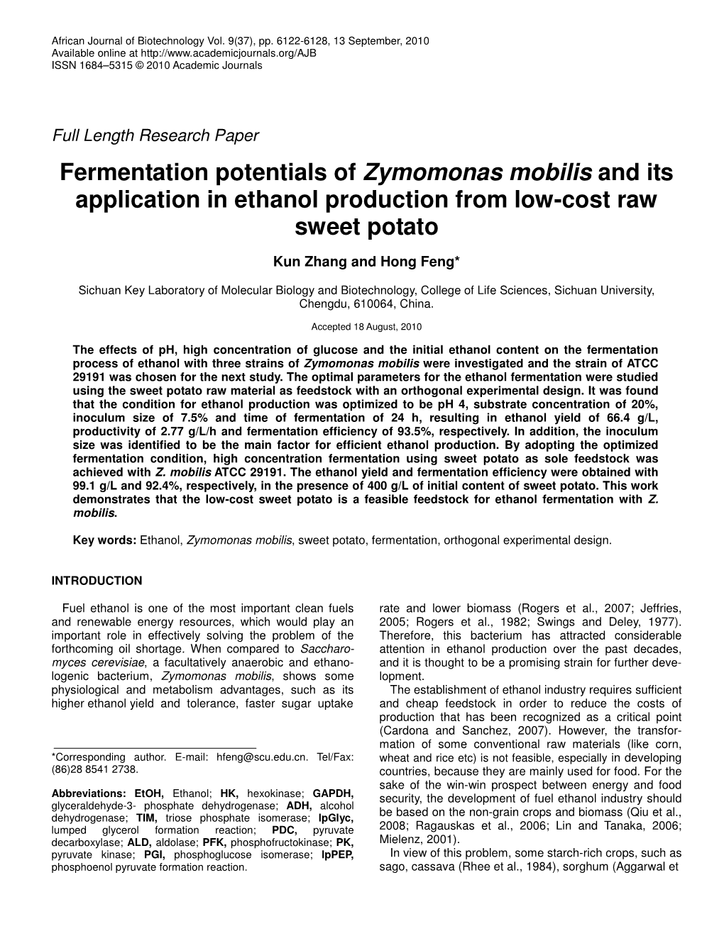 Fermentation Potentials of Zymomonas Mobilis and Its Application in Ethanol Production from Low-Cost Raw Sweet Potato