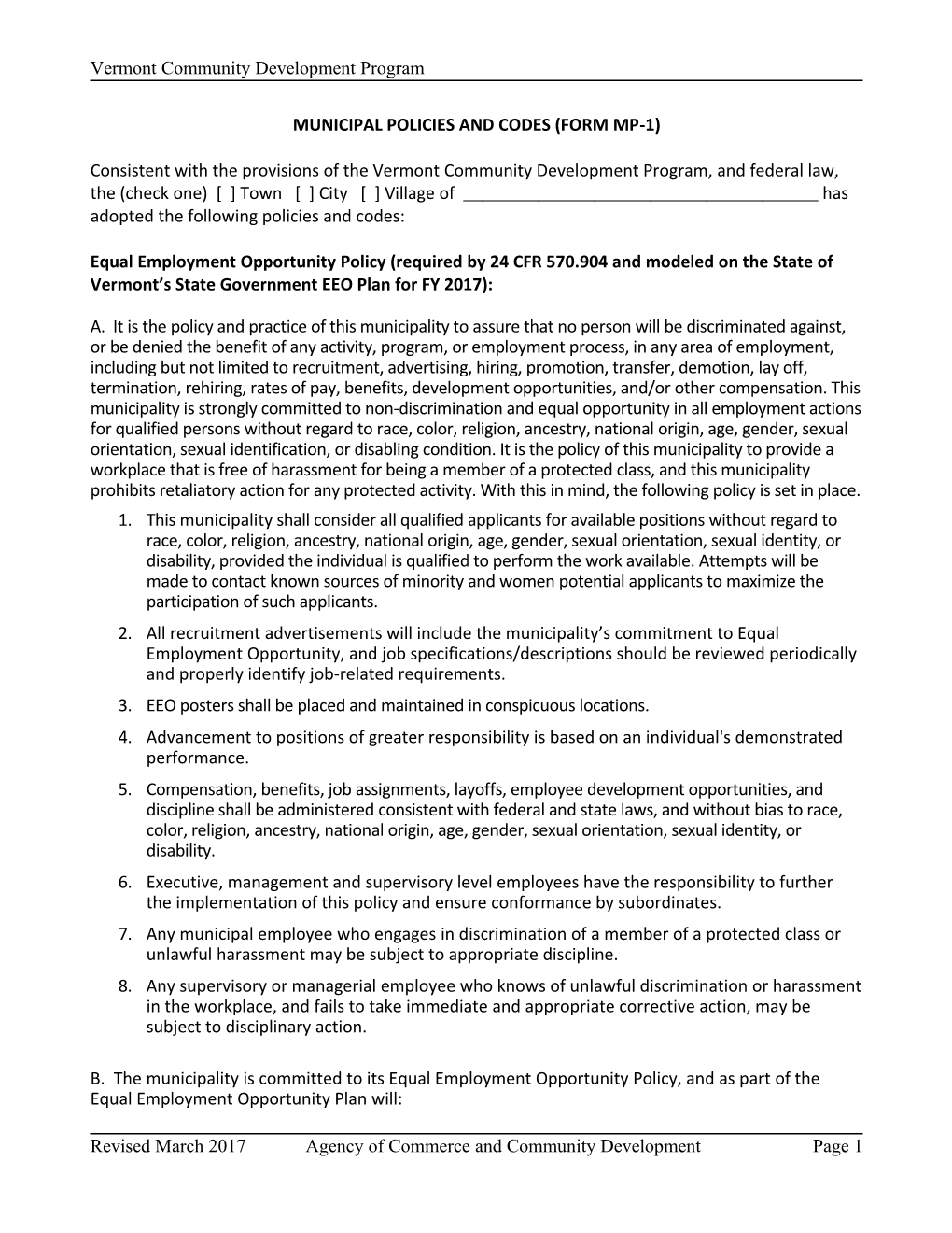 Municipal Policies and Codes (Form Mp1)