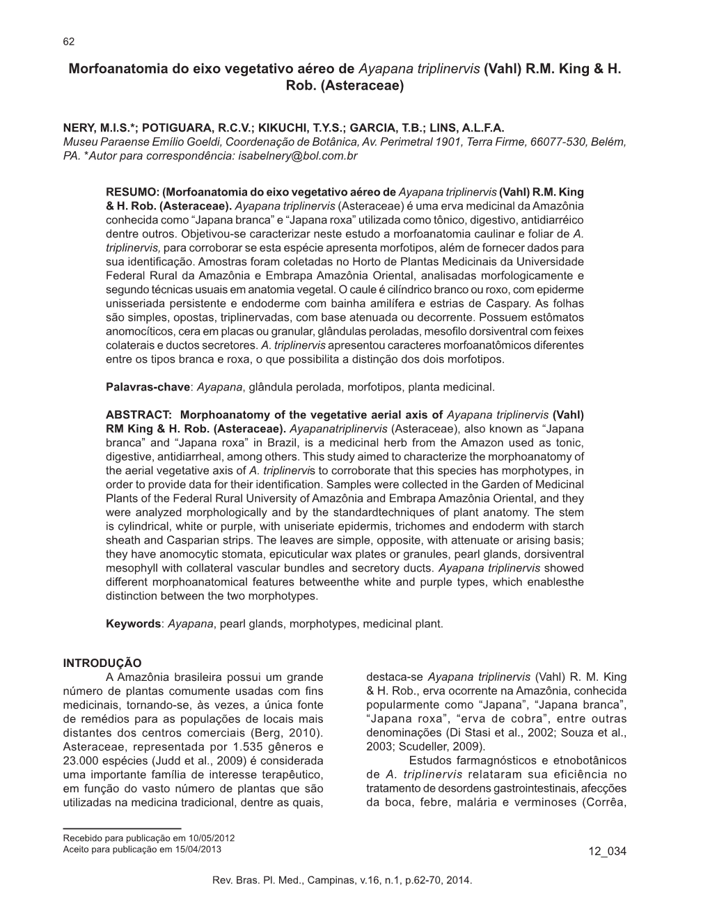 Morfoanatomia Do Eixo Vegetativo Aéreo De Ayapana Triplinervis (Vahl) R.M