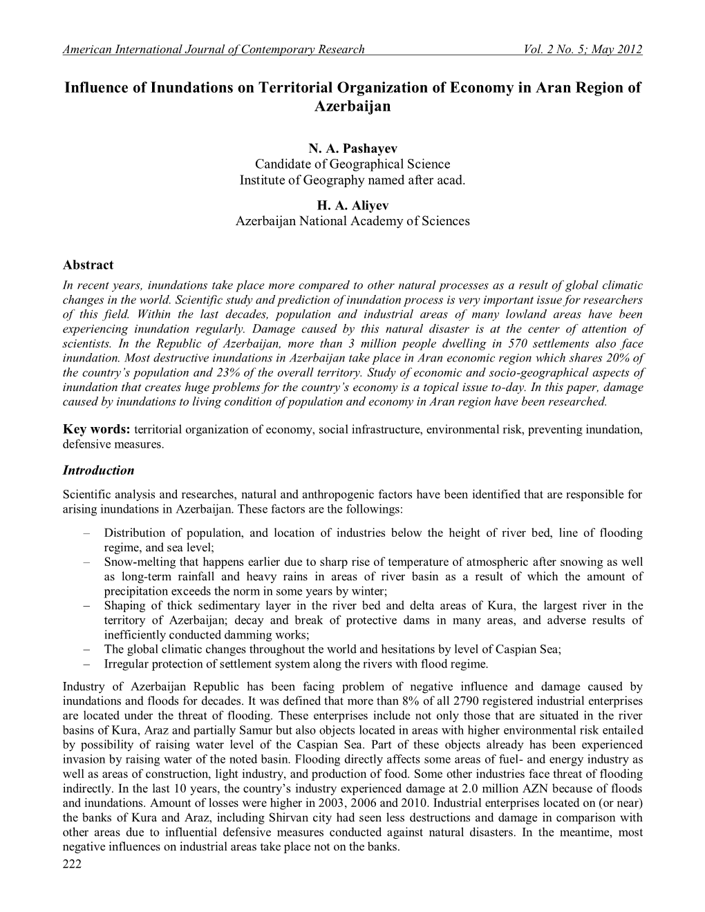 Influence of Inundations on Territorial Organization of Economy in Aran Region of Azerbaijan