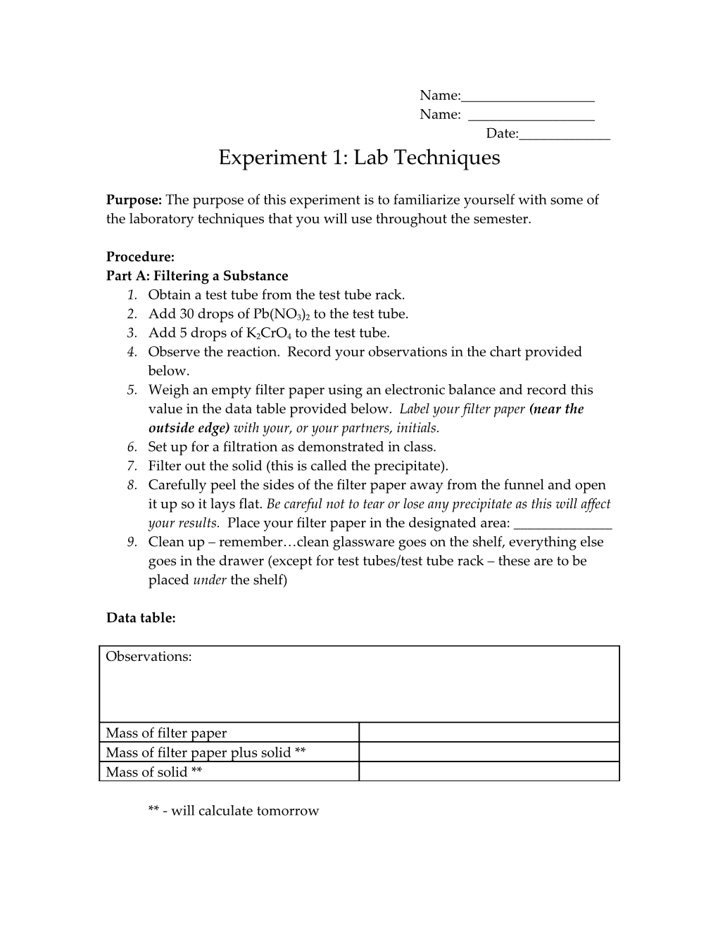 Experiment 1: Lab Techniques