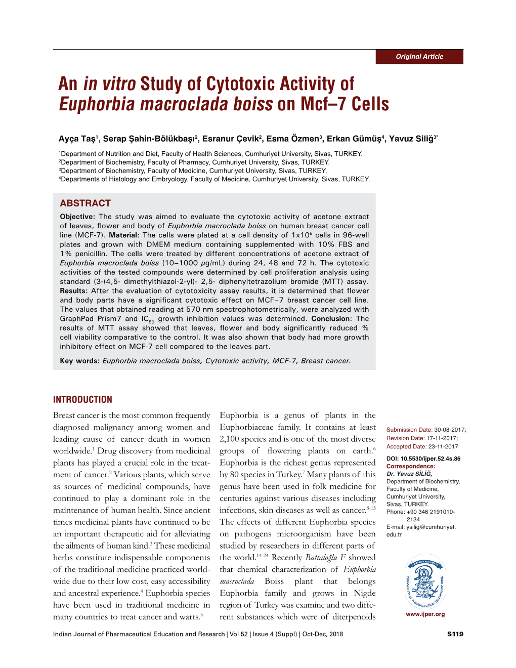 An in Vitro Study of Cytotoxic Activity of Euphorbia Macroclada Boiss on Mcf–7 Cells
