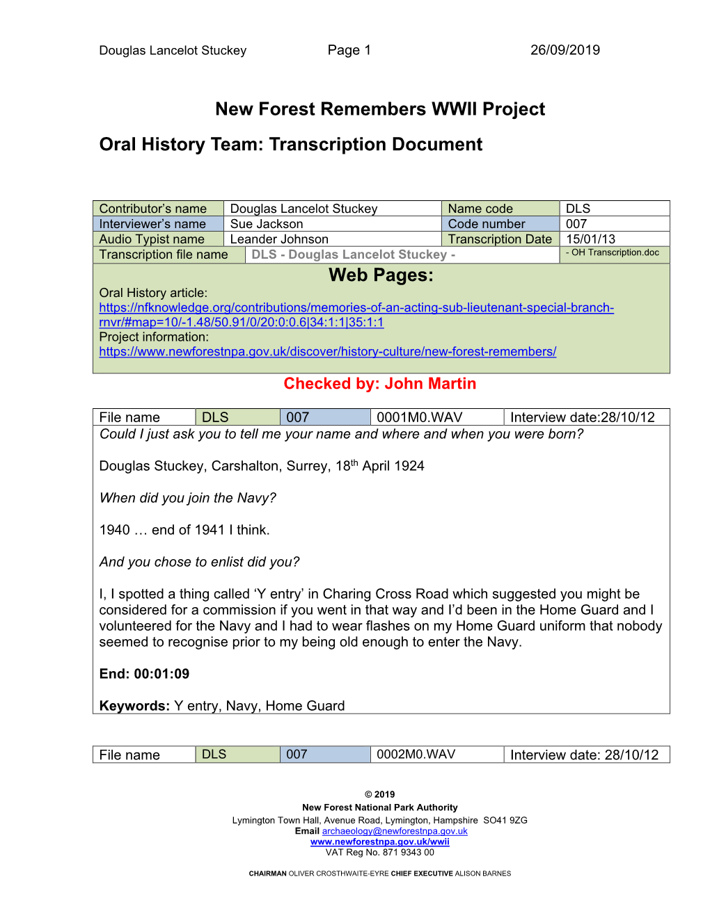 New Forest Remembers WWII Project Oral History Team: Transcription Document