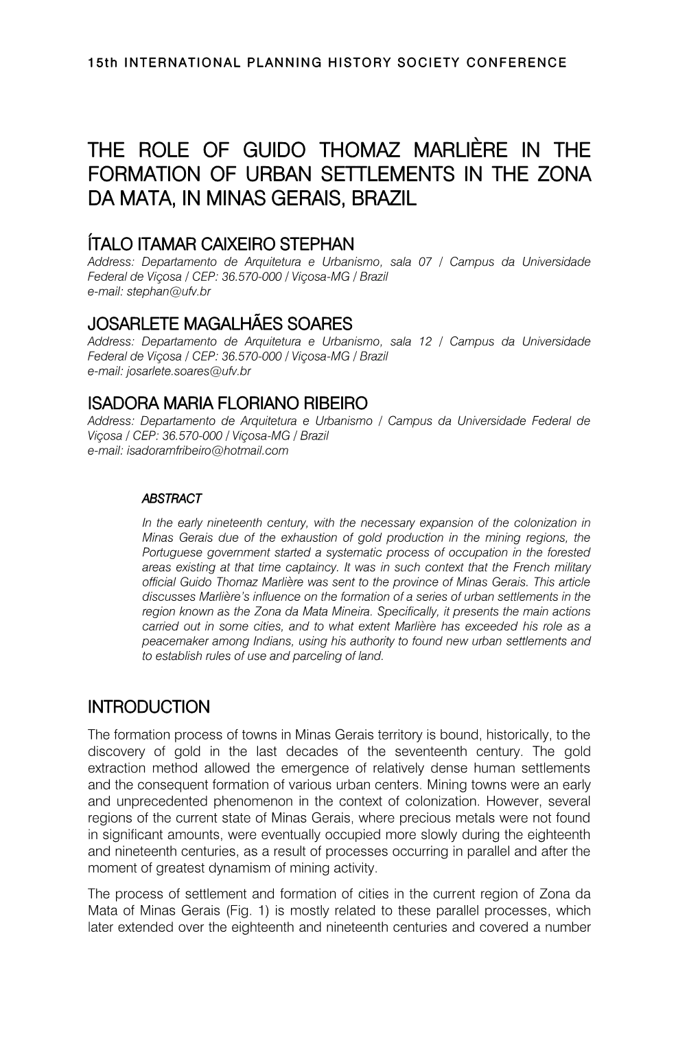 The Role of Guido Thomaz Marlière in the Formation of Urban Settlements in the Zona Da Mata, in Minas Gerais, Brazil