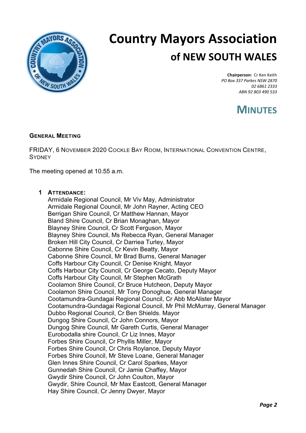 Attendance at Country Mayors Meeting 6 November 2020