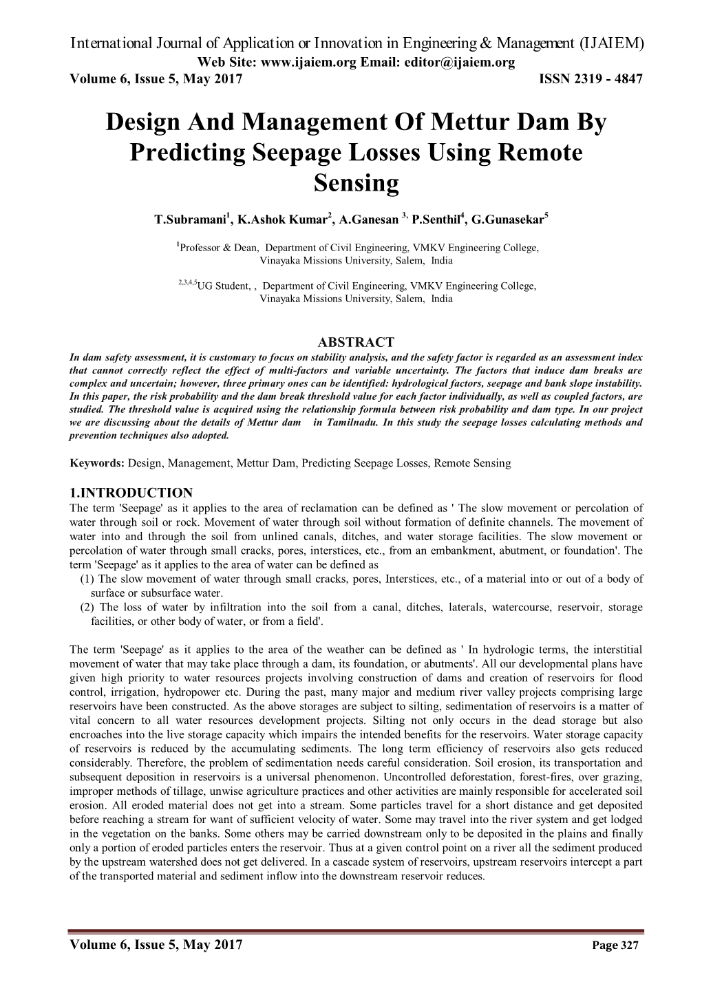 Design and Management of Mettur Dam by Predicting Seepage Losses Using Remote Sensing