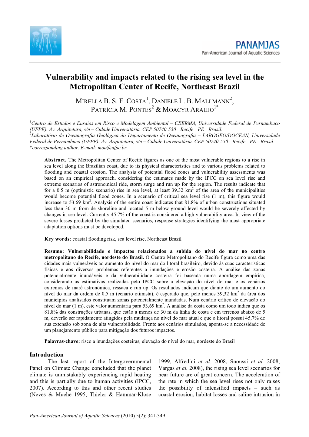 Vulnerability and Impacts Related to the Rising Sea Level in the Metropolitan Center of Recife, Northeast Brazil