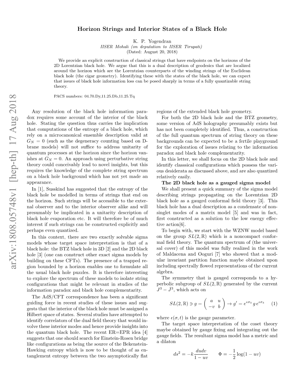 Arxiv:1808.05748V1 [Hep-Th]