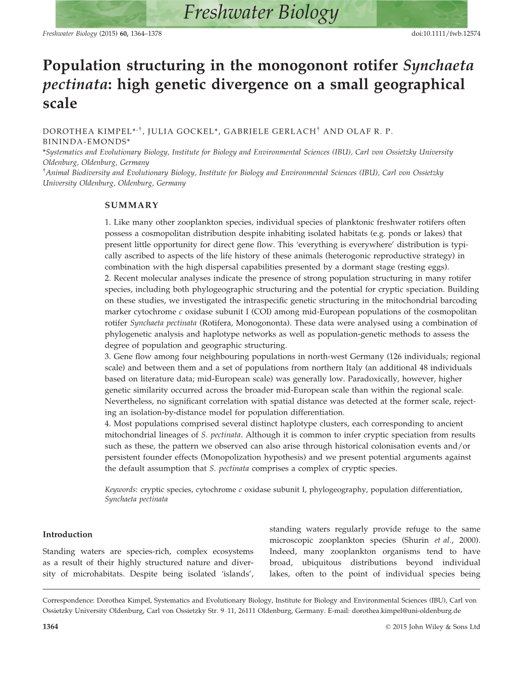 Population Structuring in the Monogonont Rotifer Synchaeta Pectinata: High Genetic Divergence on a Small Geographical Scale