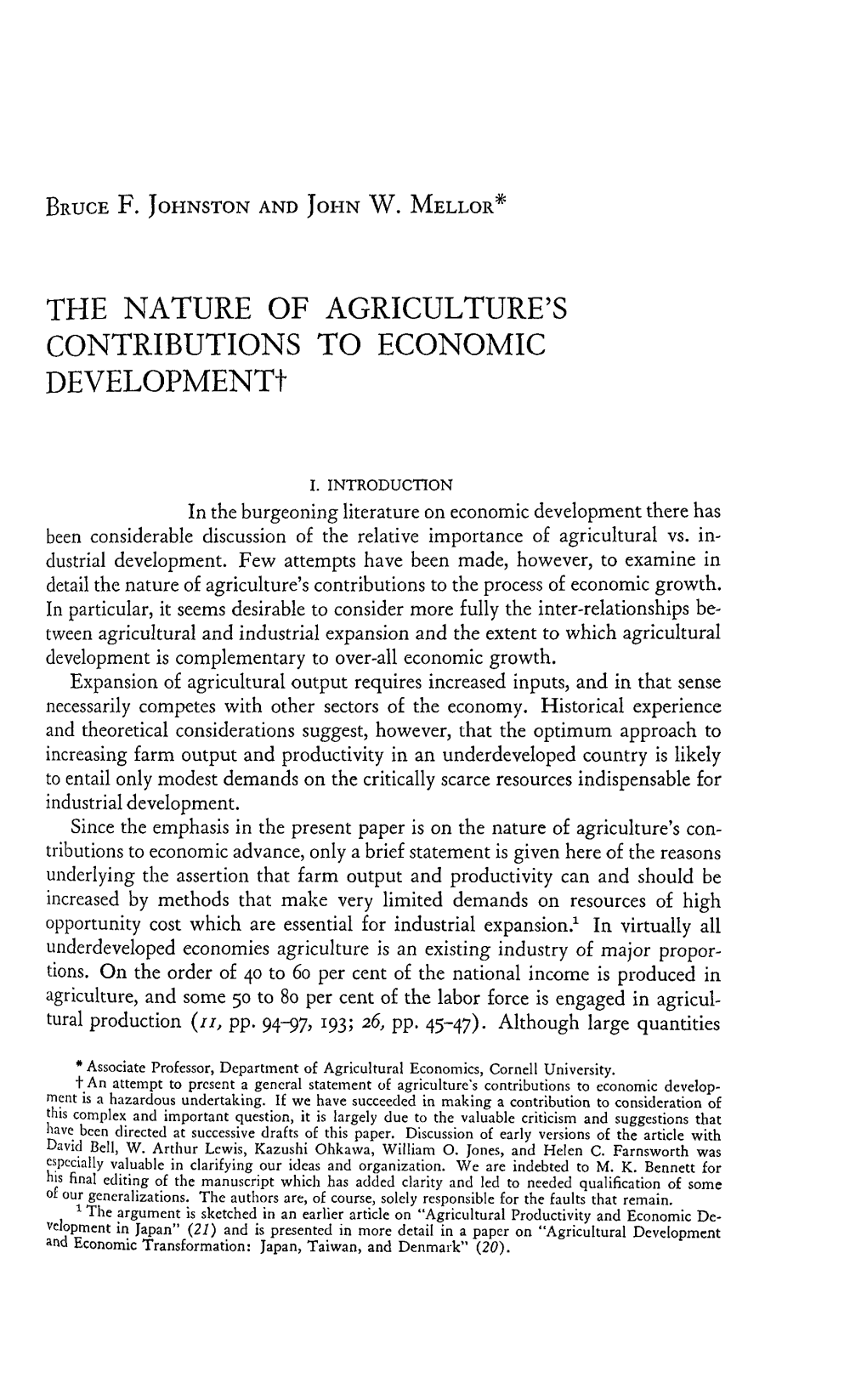 THE NATURE of AGRICULTURE's CONTRIBUTIONS to ECONOMIC Developmentt