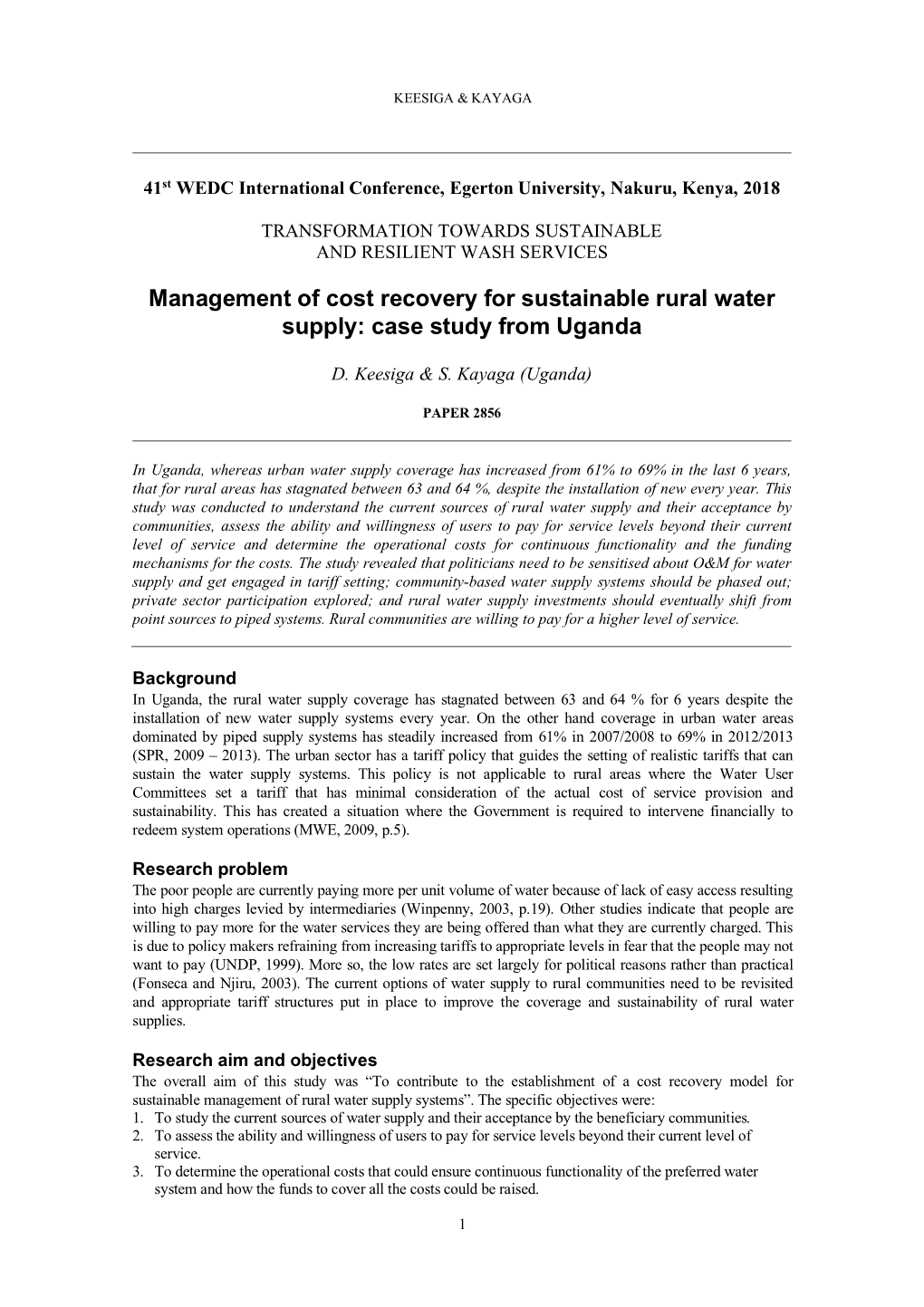 Management of Cost Recovery for Sustainable Rural Water Supply: Case Study from Uganda