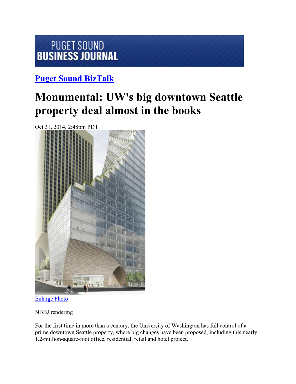 UW's Big Downtown Seattle Property Deal Almost in the Books