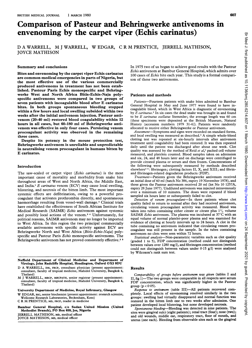 Comparison of Pasteur and Behringwerke Antivenoms In