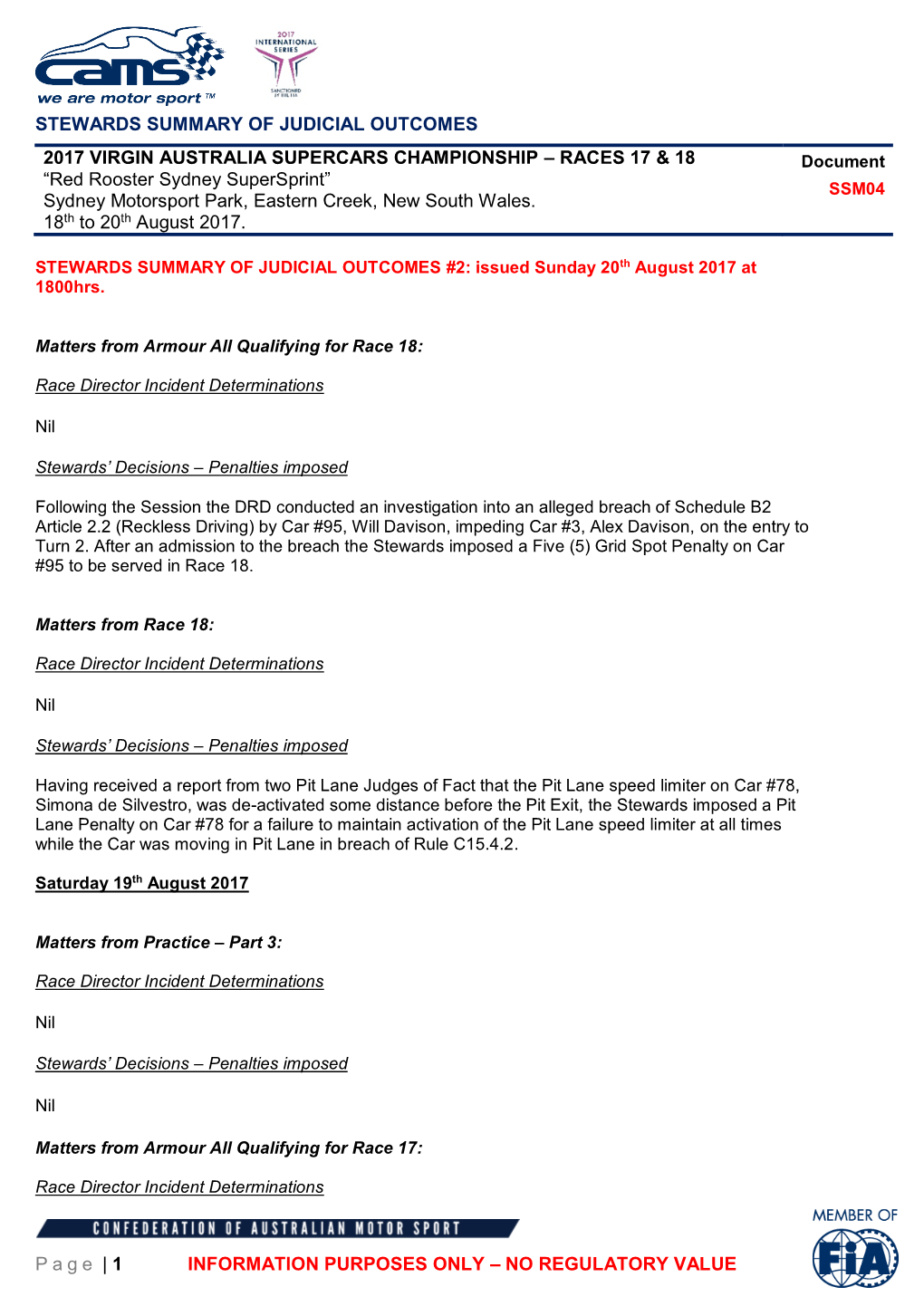 STEWARDS SUMMARY of JUDICIAL OUTCOMES Page | 1