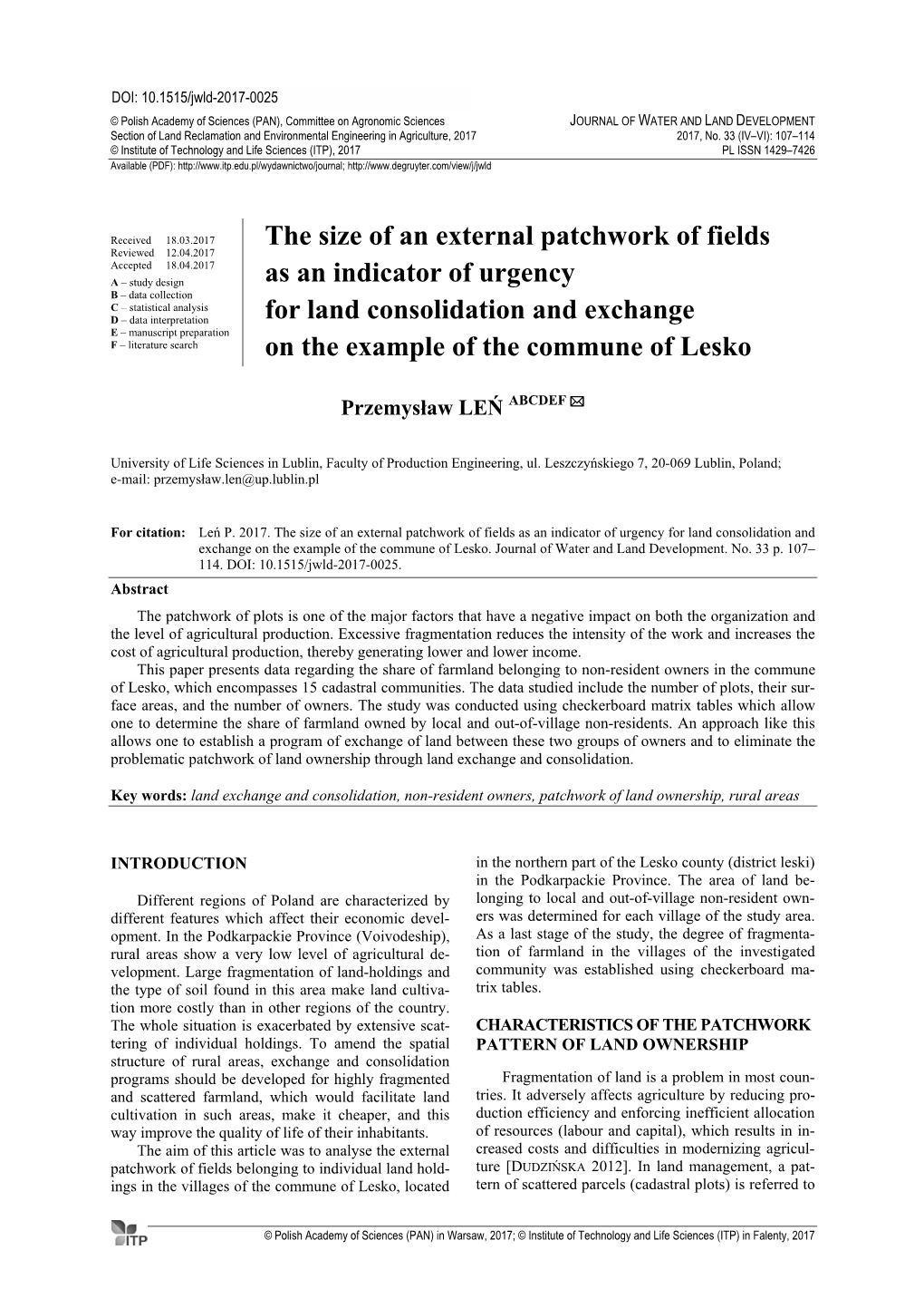 The Size of an External Patchwork of Fields As an Indicator of Urgency for Land Consolidation and Exchange on the Example of the Commune of Lesko