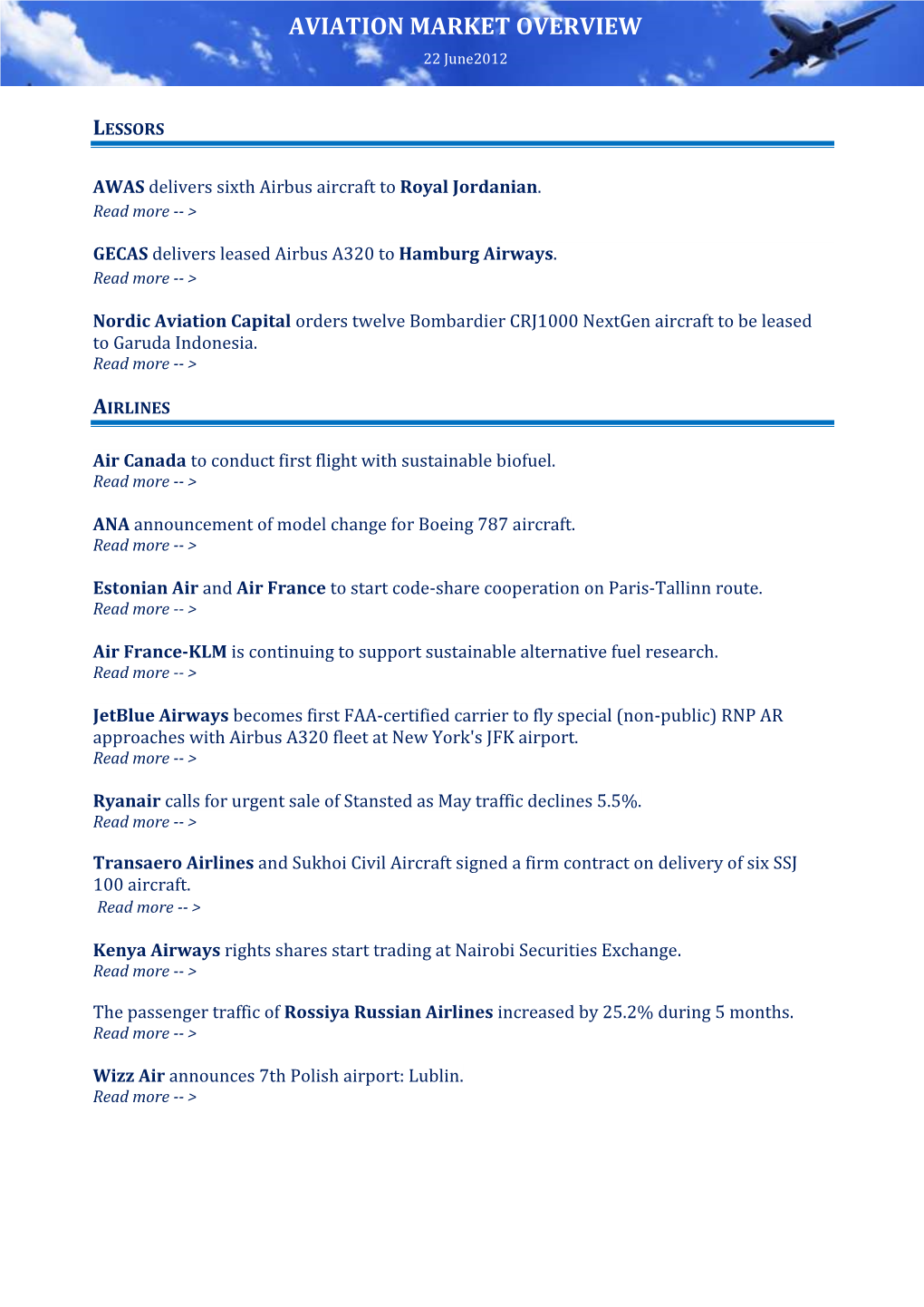 AVIATION MARKET OVERVIEW 22 June2012