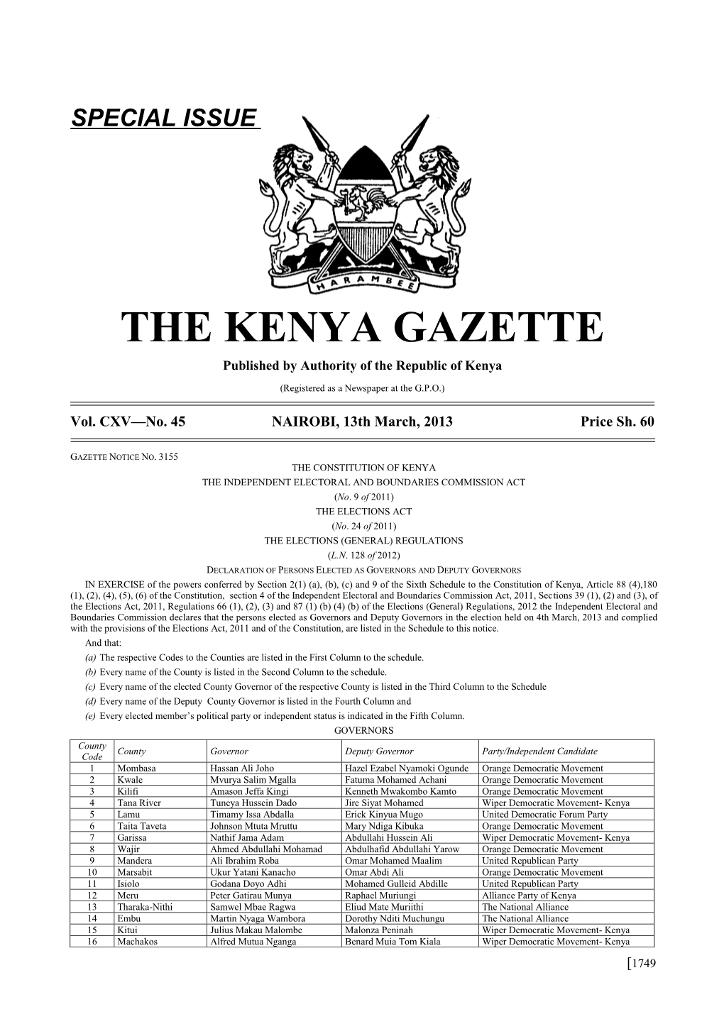 Special Issue the Kenya Gazette