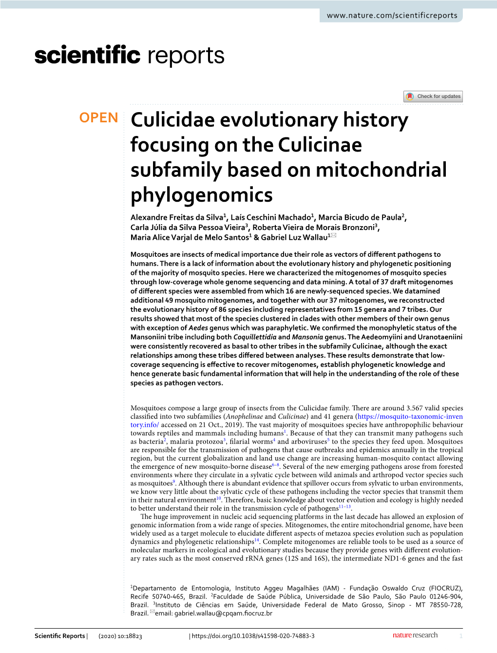 Culicidae Evolutionary History Focusing on the Culicinae Subfamily