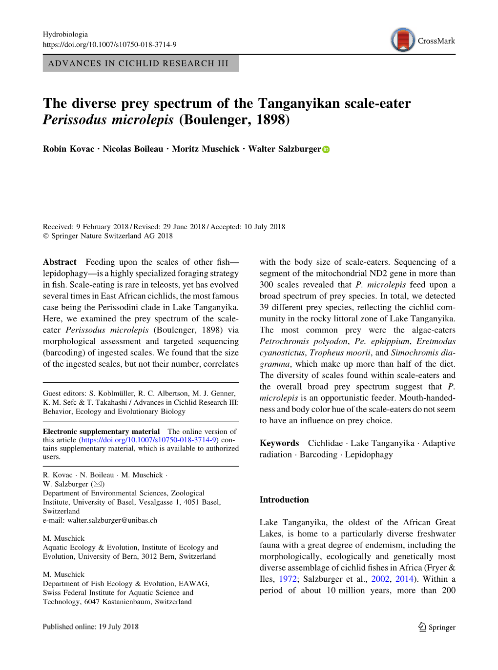 The Diverse Prey Spectrum of the Tanganyikan Scale-Eater Perissodus Microlepis (Boulenger, 1898)