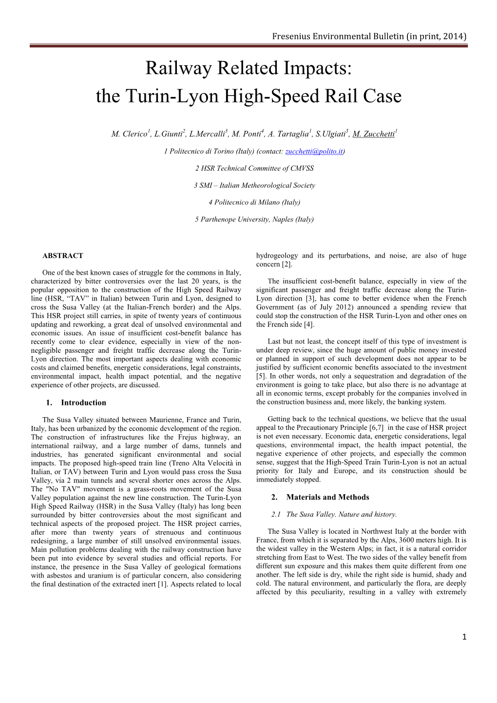 Fresenius Environmental Bulletin (In Print, 2014) Railway Related Impacts: the Turin-Lyon High-Speed Rail Case