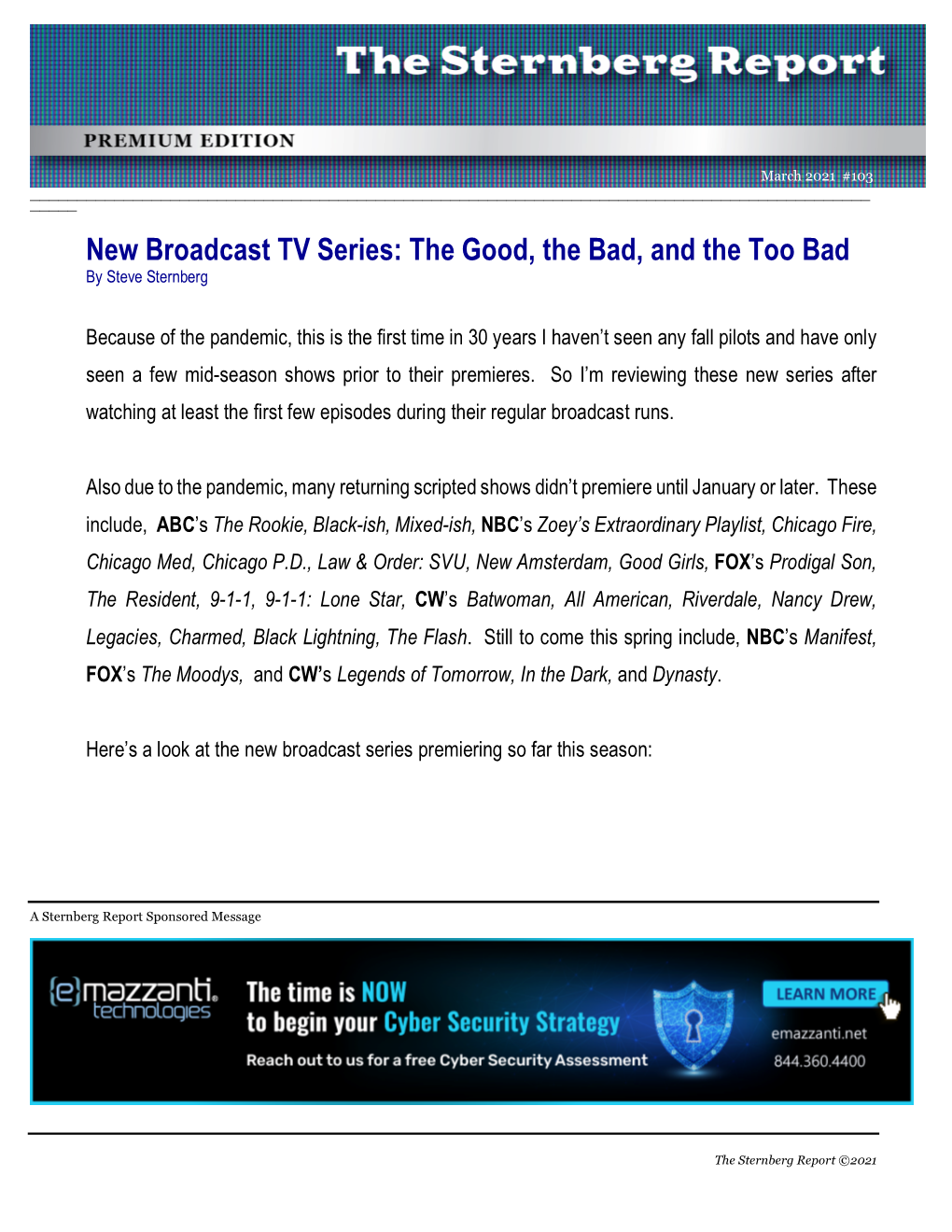 New Broadcast TV Series: the Good, the Bad, and the Too Bad by Steve Sternberg