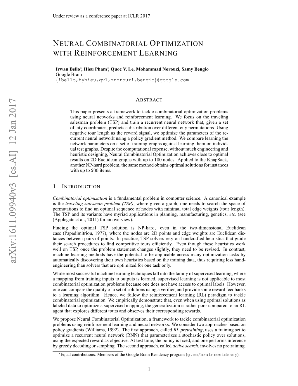 Neural Combinatorial Optimization