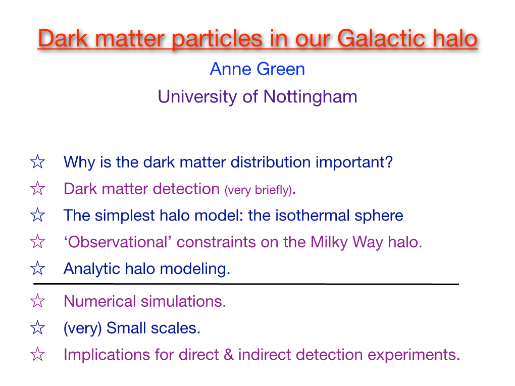 Dark Matter Particles in Our Galactic Halo Anne Green University of Nottingham