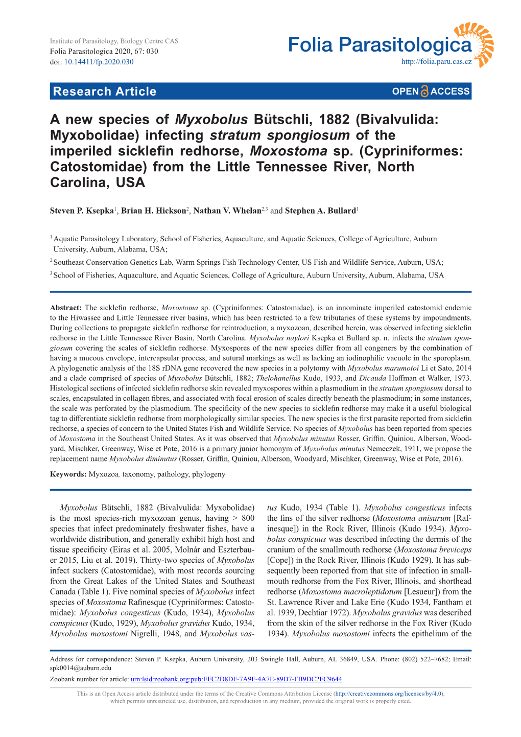 A New Species of Myxobolus Bütschli, 1882 (Bivalvulida: Myxobolidae) Infecting Stratum Spongiosum of the Imperiled Sicklefin Redhorse, Moxostoma Sp