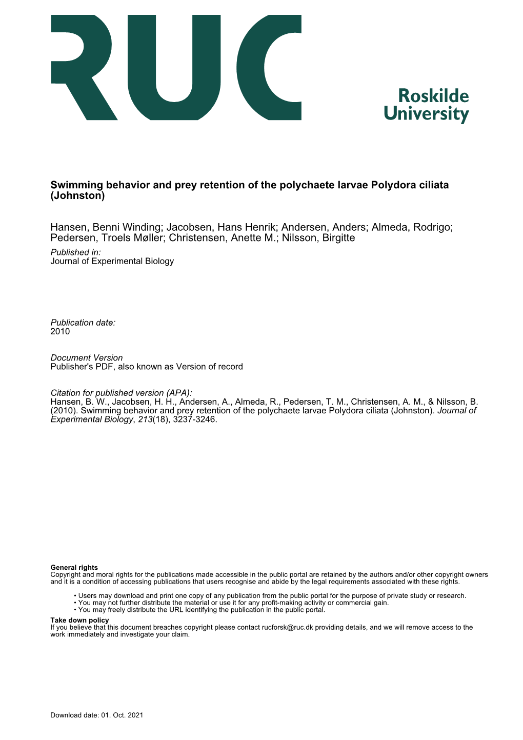 Swimming Behavior and Prey Retention of the Polychaete Larvae Polydora Ciliata (Johnston)