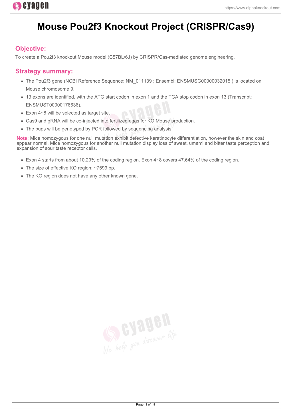 Mouse Pou2f3 Knockout Project (CRISPR/Cas9)