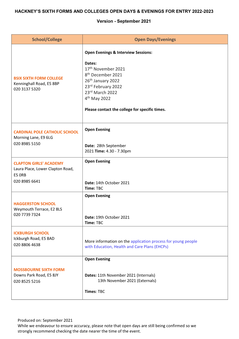 Sixth Form Open Day Dates