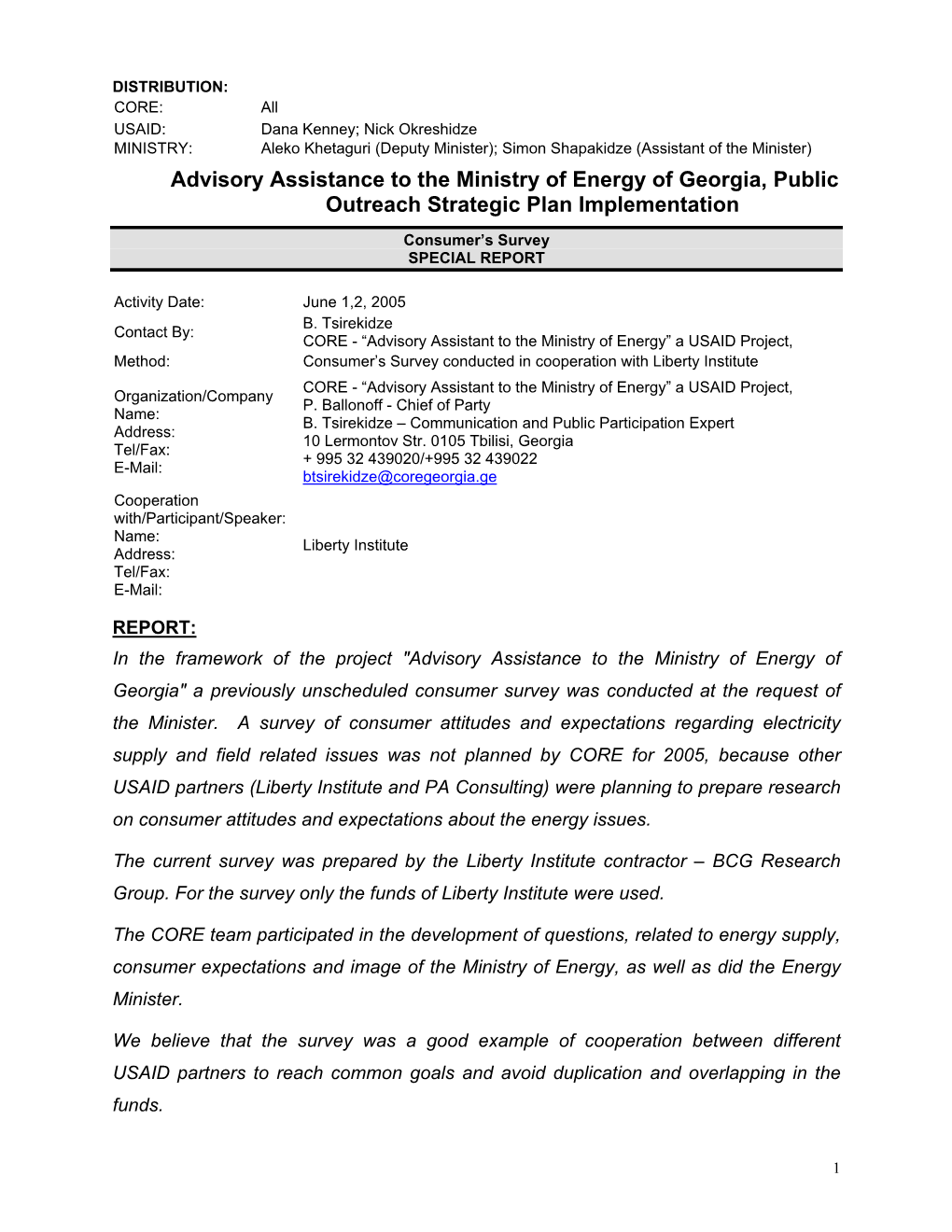 Advisory Assistance to the Ministry of Energy of Georgia, Public Outreach Strategic Plan Implementation
