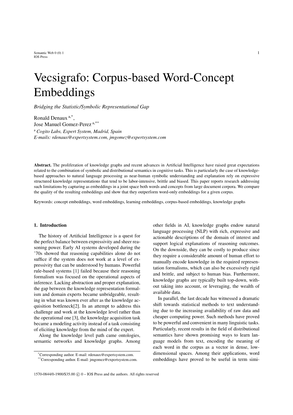 Corpus-Based Word-Concept Embeddings Bridging the Statistic/Symbolic Representational Gap
