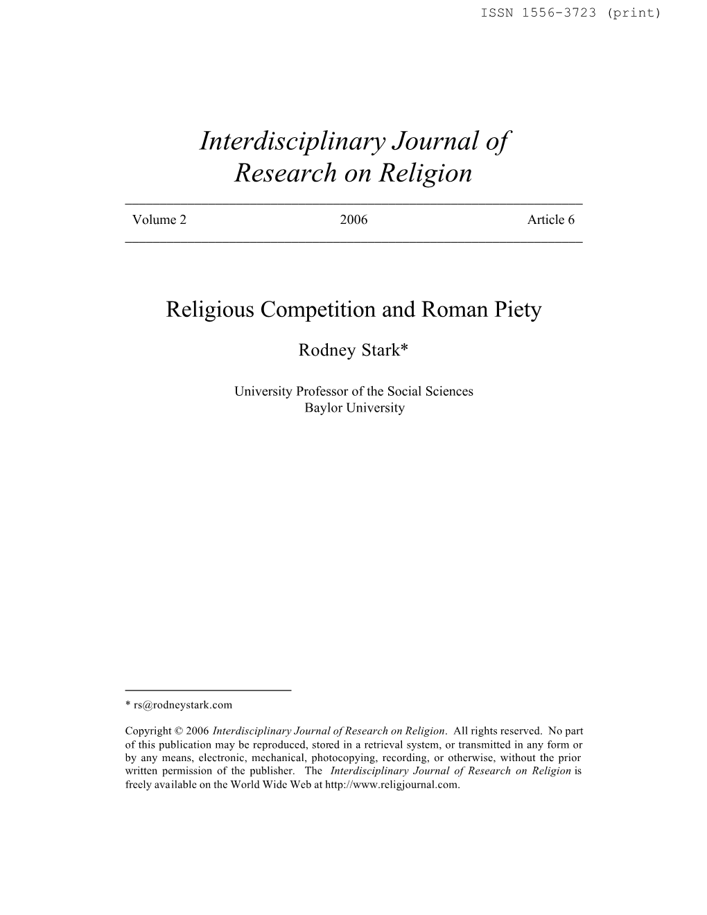 Interdisciplinary Journal of Research on Religion ______Volume 2 2006 Article 6 ______