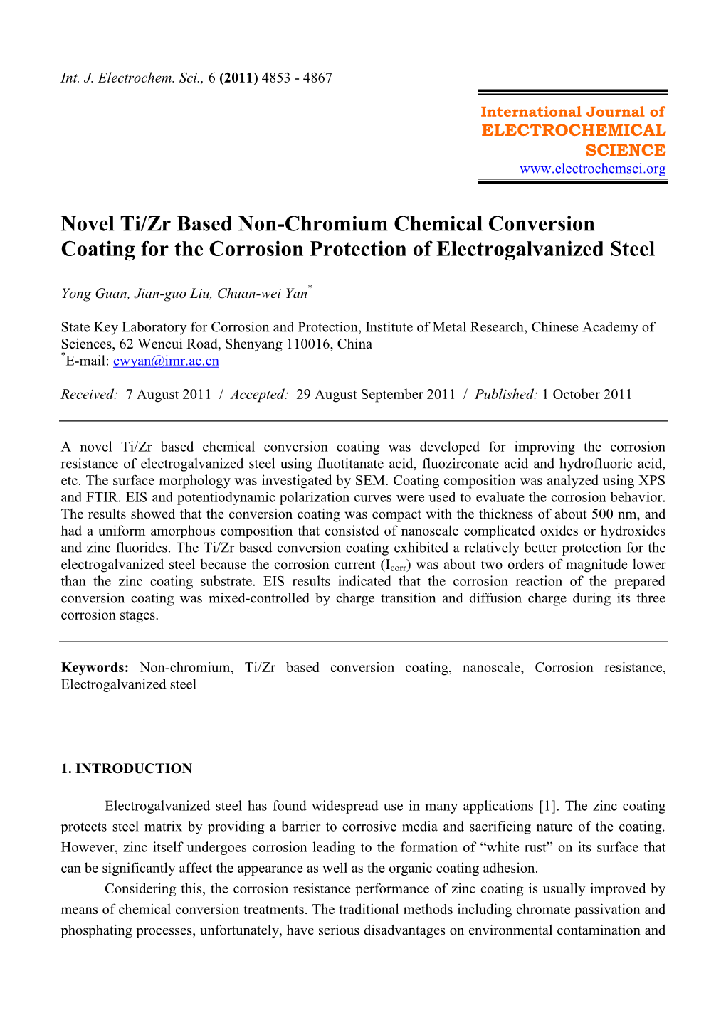 Novel Ti/Zr Based Non-Chromium Chemical Conversion Coating for the Corrosion Protection of Electrogalvanized Steel